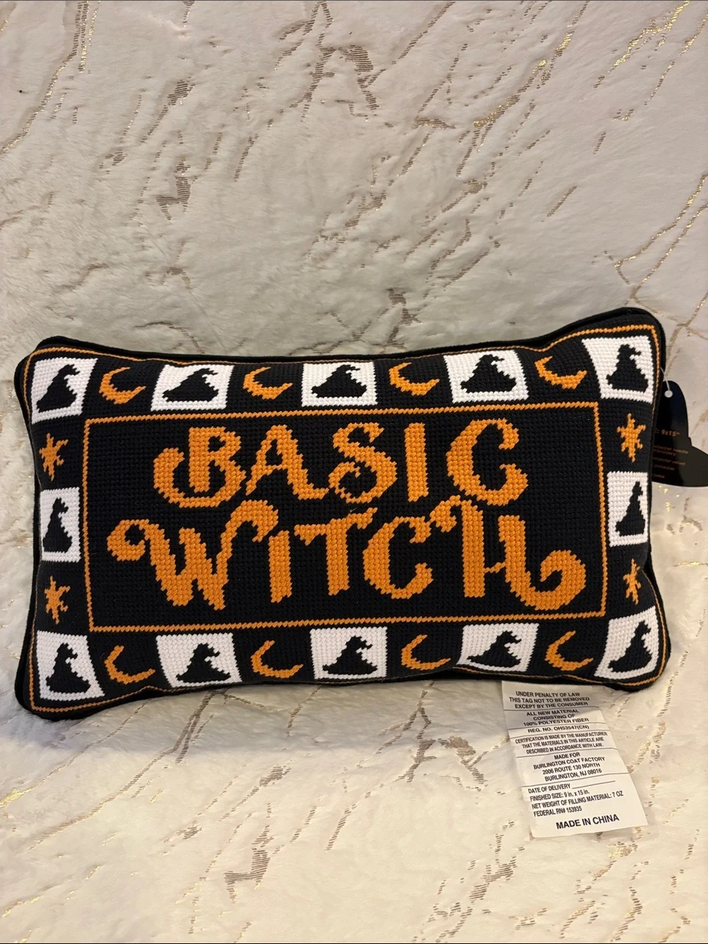 BNWT Needle Point Basic Witch Halloween Pillow - Black & Orange Knit Accent